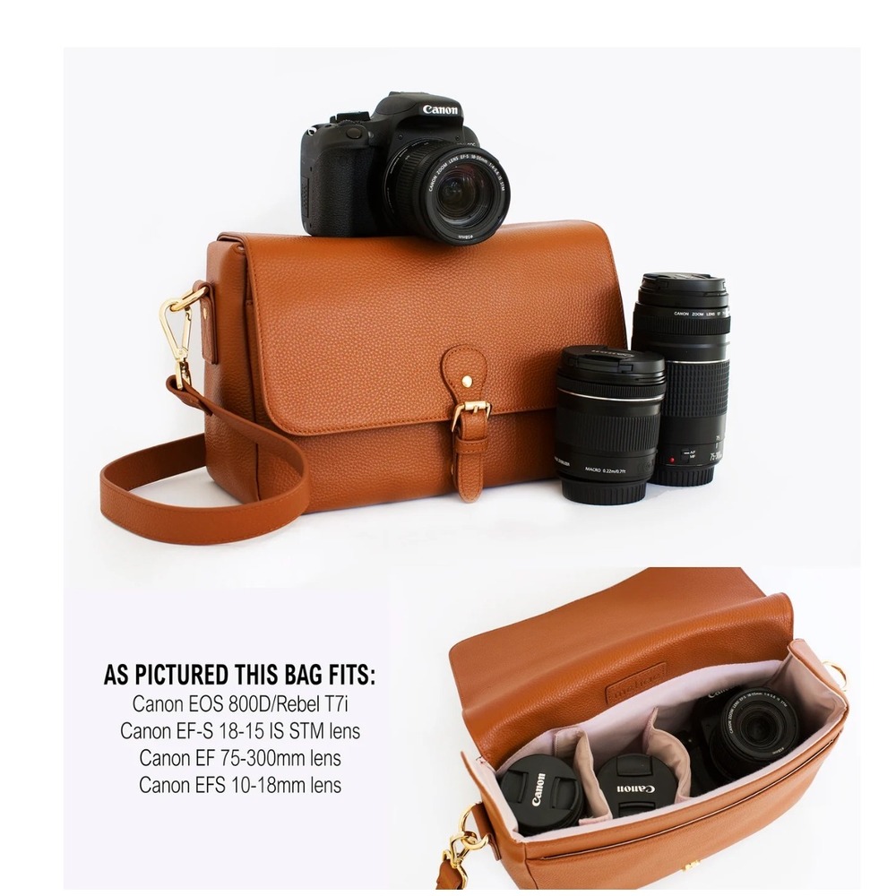 Meliae Cognac Brown Pebbled Leather Crossbody Camera Bag Gold Hardware